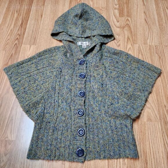 🇬🇪🔹️Decree Variegated Olive Button Front Hooded Batwing Sweater Medium - Picture 3 of 12